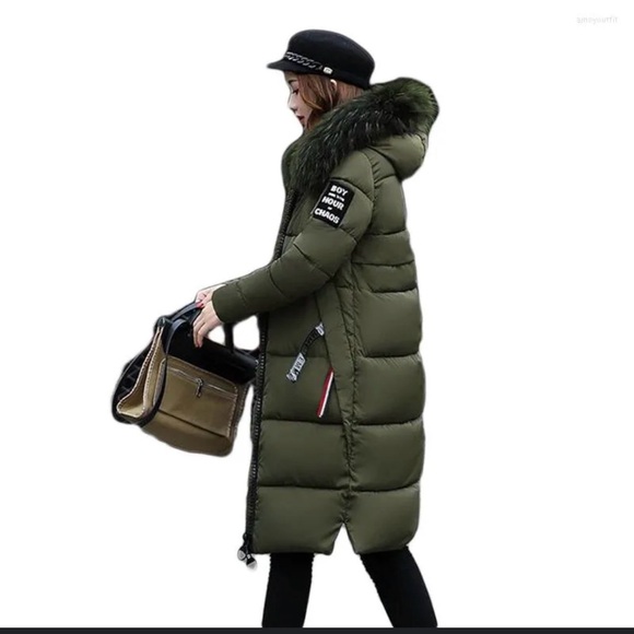 ZYMSL Jackets & Blazers - Olive Green Longline Puffer Coat Faux Fur Hood Size M